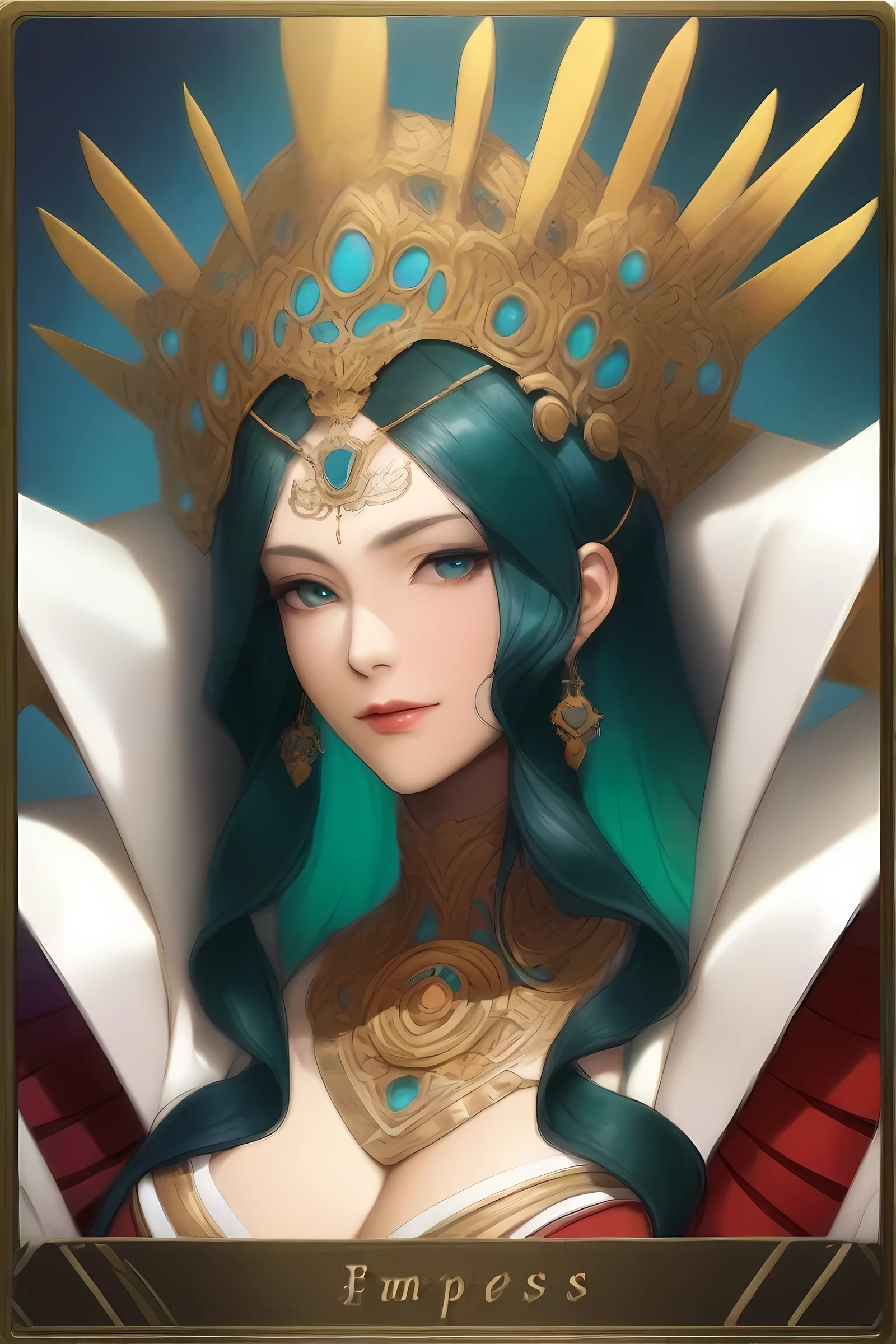 masterpiece, best quality, very aesthetic, absurdres, mature female, award winning illustration of the empress, extremely detailed, highly detailed portrait, Tarot Card Style