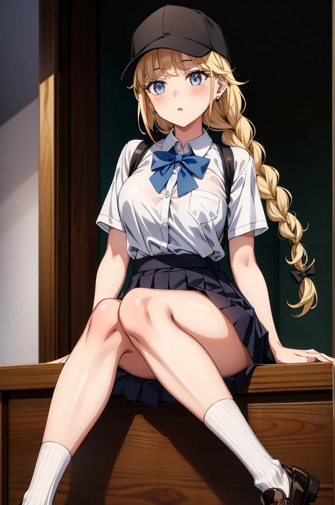 this is a girl with a very nice hair and pretty eyes is posing, 1girl, solo, skirt, braid, long hair, blonde hair, hat, shirt, shoes, breasts, socks, looking at viewer, sitting, white shirt, earrings, jewelry, pleated skirt, bangs, twin braids, , short sleeves, bow, black skirt, collared shirt, baseball cap, kneehighs, parted lips, indoors, black socks, blush, bowtie