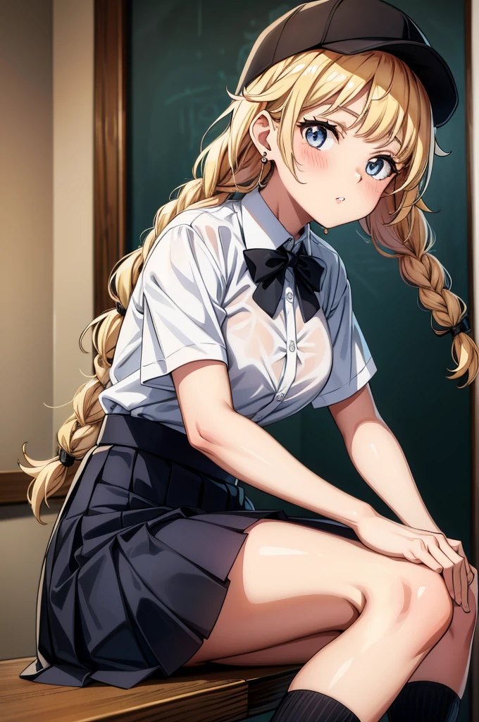 this is a girl with a very nice hair and pretty eyes is posing, 1girl, solo, skirt, braid, long hair, blonde hair, hat, shirt, shoes, breasts, socks, looking at viewer, sitting, white shirt, earrings, jewelry, pleated skirt, bangs, twin braids, , short sleeves, bow, black skirt, collared shirt, baseball cap, kneehighs, parted lips, indoors, black socks, blush, bowtie
