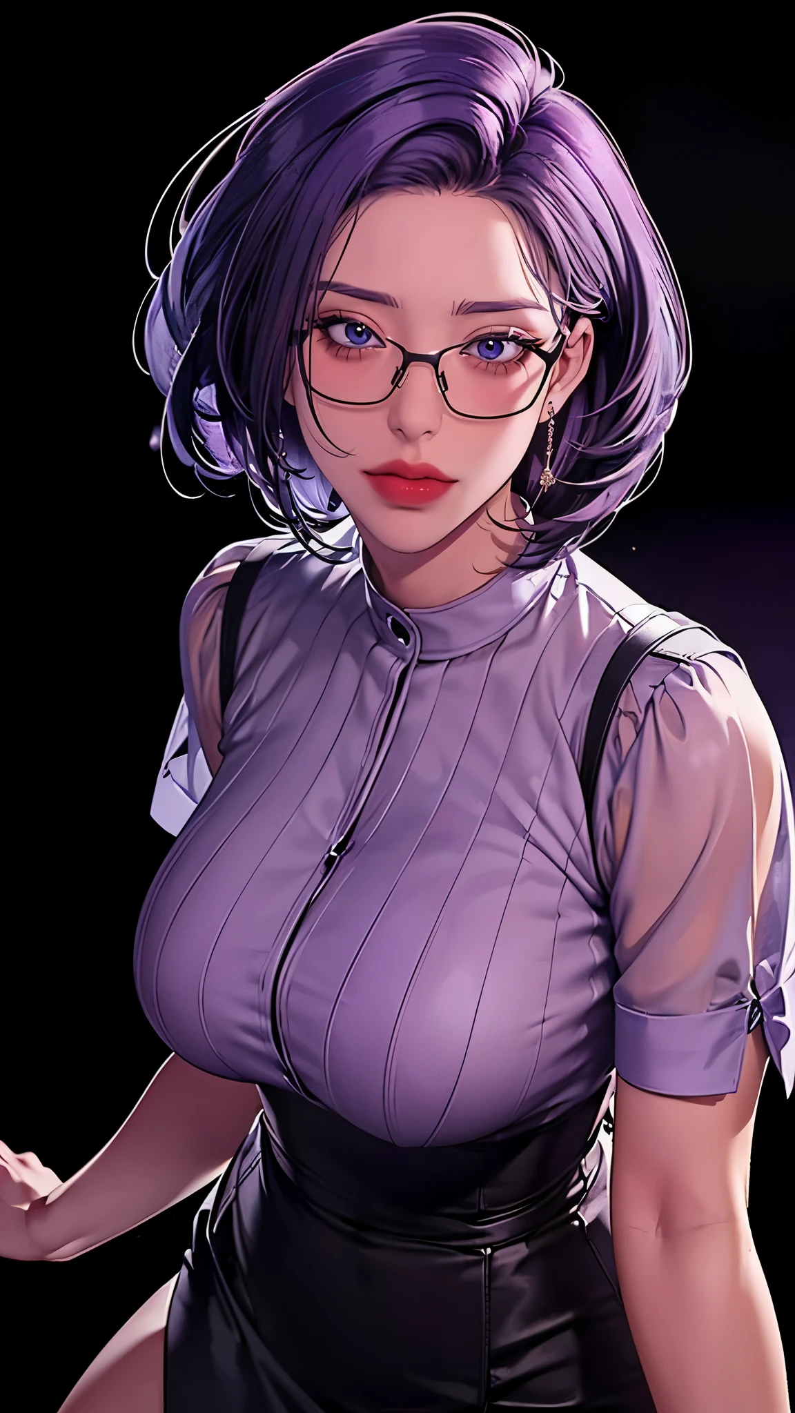 （（（完美figure，figure，suit， gray shirt，hip-covering skirt（（（JMT,Glasses,purple hair,short hair,purple eyes,MiJungdef，purple eyes，purple hair，medium hair，）））型figure:1.7））），((masterpiece)),high resolution, ((Best quality at best))，masterpiece，quality，Best quality，（（（ Exquisite facial features，looking at the audience,There is light in the eyes，Happy，***********nterlacing of light and shadow，huge boobs））），（（（looking into camera，black background，Exaggerated perspective , ultra wide shot,
blurry hand foreground)）））