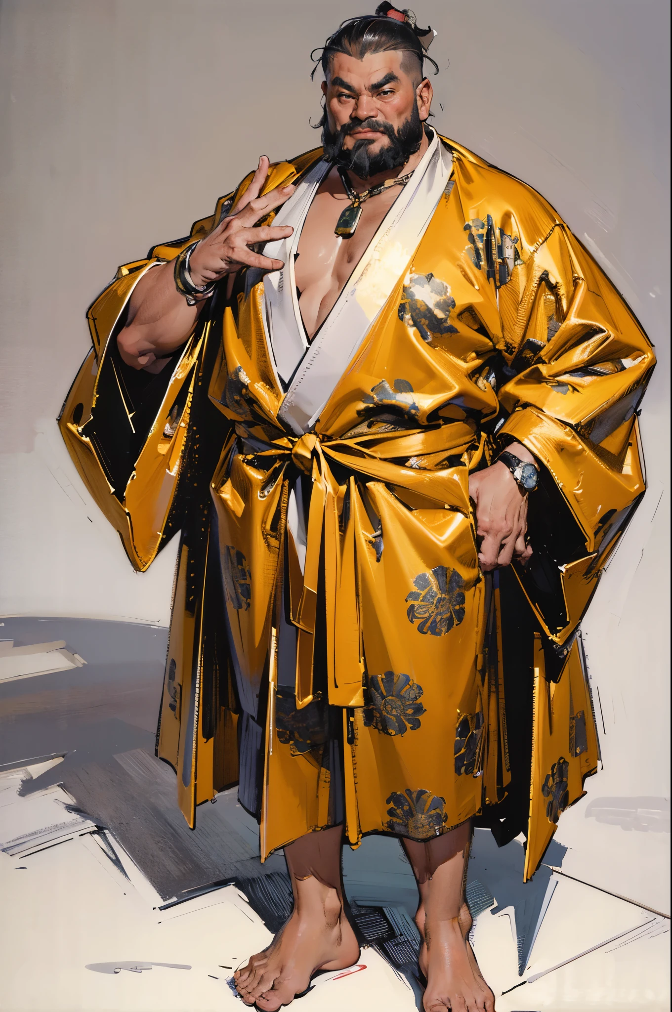 ((best quality,4k,highres,masterpiece:1.2)),((character concept art)), 1 male, elderly Asian man, millionaire, crime boss, ((balding, grey hair)), overweight, evil intentions, smirking confidently, ((intricate detail)), super finely detailed hands, ultra finely detailed fingers(((ten fingers))), wearing untie Versace I ♡ Baroque Bathrobe in red, gold chains, diamond encrusted watch, smoking a fat cigar, (standing casually), (full body showcase), (show full body), (no logos on background), (no logo), ((plain background)), ((plain background)), (((empty background)))