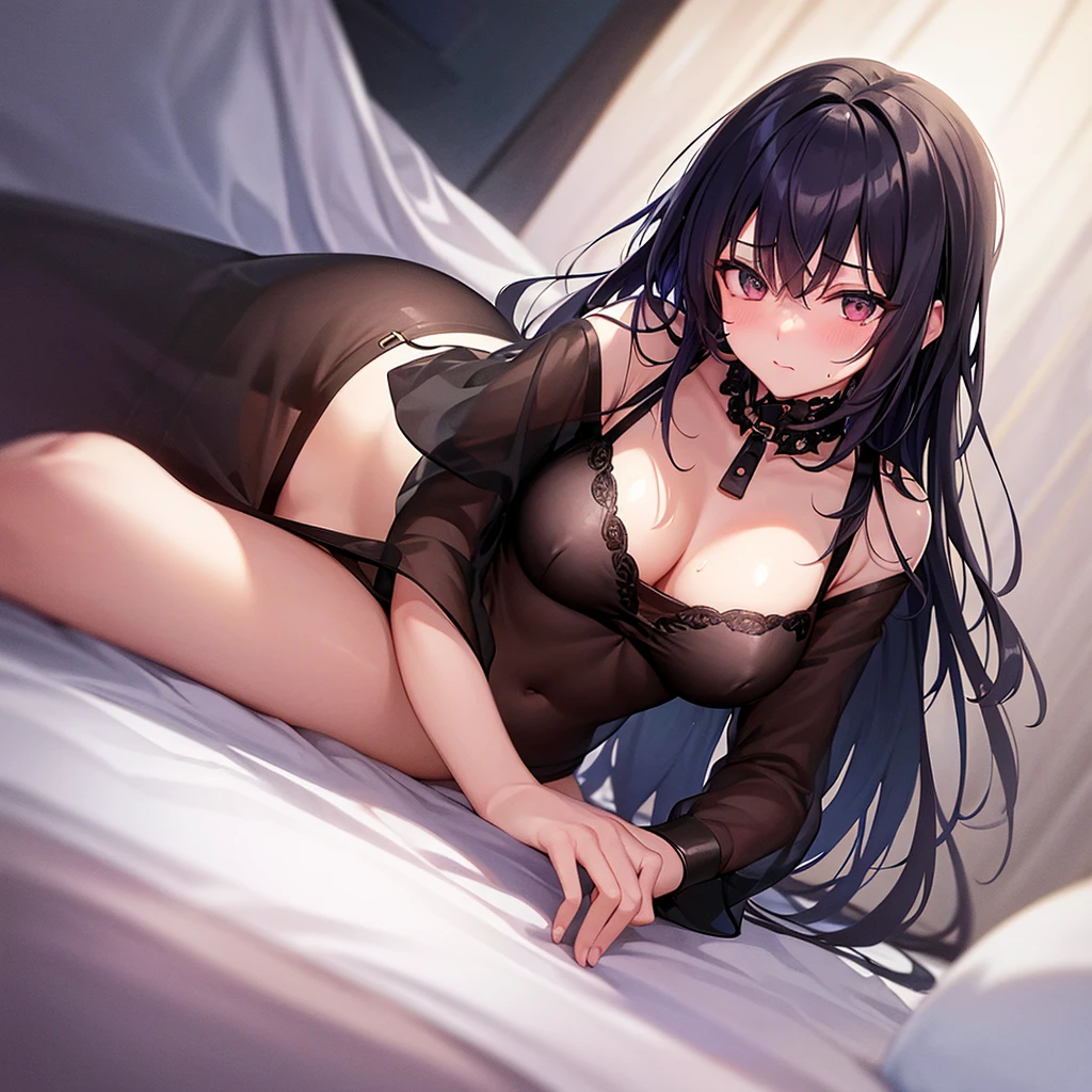 ((highest quality)), (master piece), best illustrations, (8k), young girl, Medium chest, You can see a little cleavage, Less exposure, ((Stinking eyes)), (((I'm very embarrassed))), [[inviting eyes]], ((Naughty eyes)), ((upward glance)), on the bed, Sweat is coming out of the body, blushing, steam, on the bedで寝ている, clothes are transparent