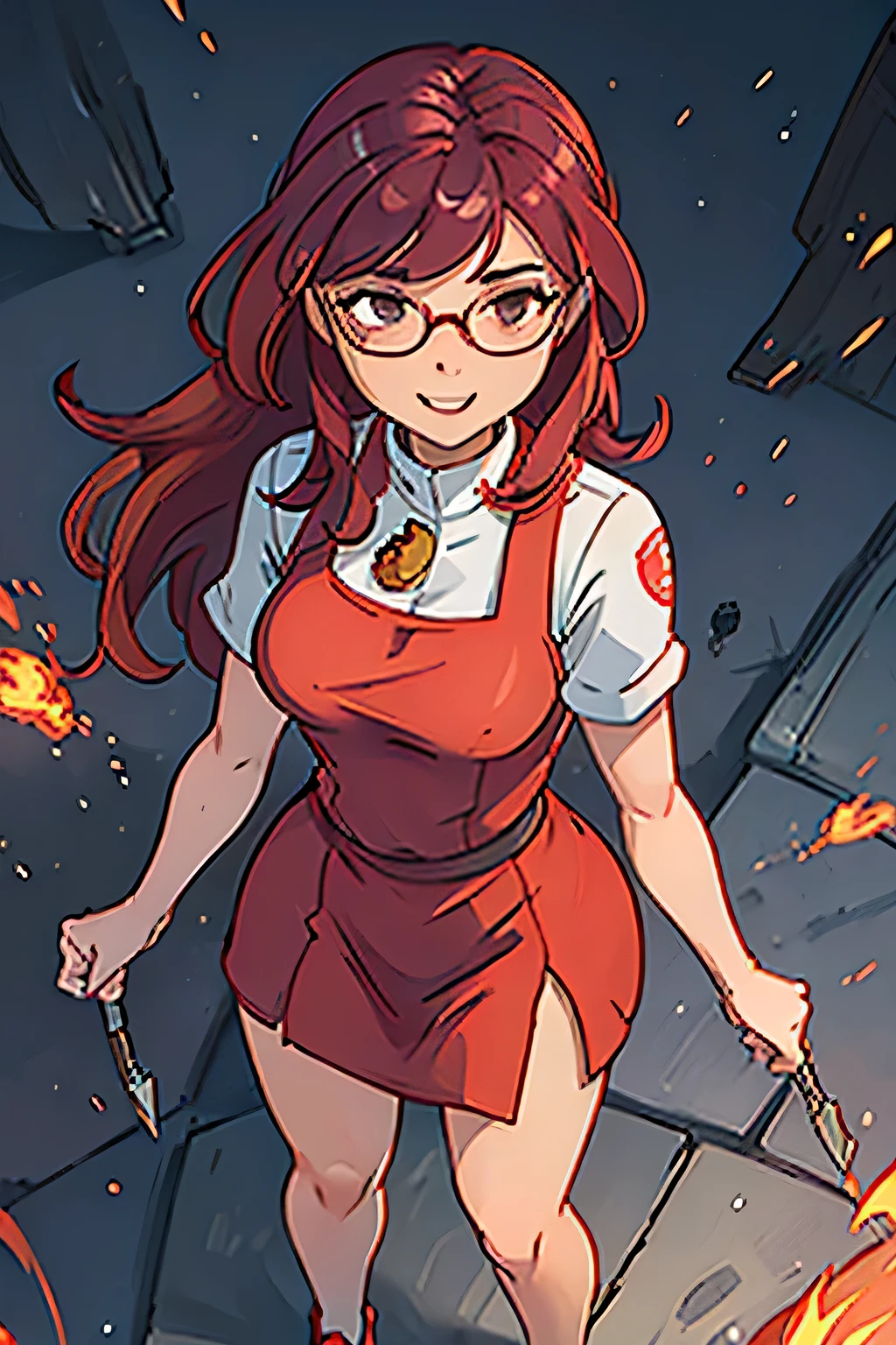 (((masterpiece))), (((best quality))), illustration, single character, game character, rpg character, female character, female athletic cook. red LONG dress with golden details and lines. open leg long dress. big pink round glasses. medium breasts. wide hips. perky butt. up turned hips. medium wavy hair . redwine-colored hair, brown eyes, happy face expression. laughing smile. head to toe view. full body view. phoenix rising explosion background, flat color background, anime character, 8k, awesome quality
