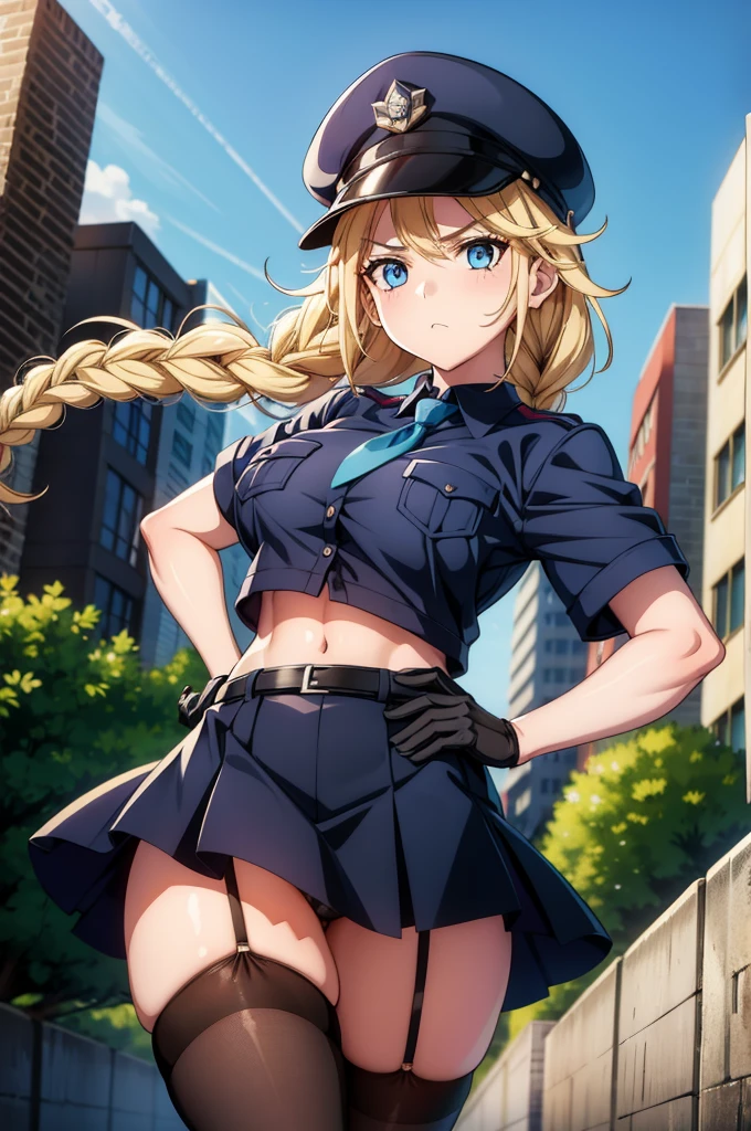 a cartoon character in a sexy outfit posing in the street with a bush, police, police uniform, 1girl, policewoman, shirt, skirt, hat, necktie, police hat, blue eyes, gloves, breasts, blonde hair, thighhighs, solo, navel, garter straps, looking at viewer, short sleeves, large breasts, underwear, miniskirt, midriff, ass visible through thighs, panties, outdoors, skindentation, braid, hand on hip, belt, black skirt, uniform, collared shirt, frown, thighs, peaked cap, crop top, black panties, blue shirt, breast pocket, v-shaped eyebrows,Eiko Tsukimi, blue eyes, braid, twin braid,blonde hair,baseball cap