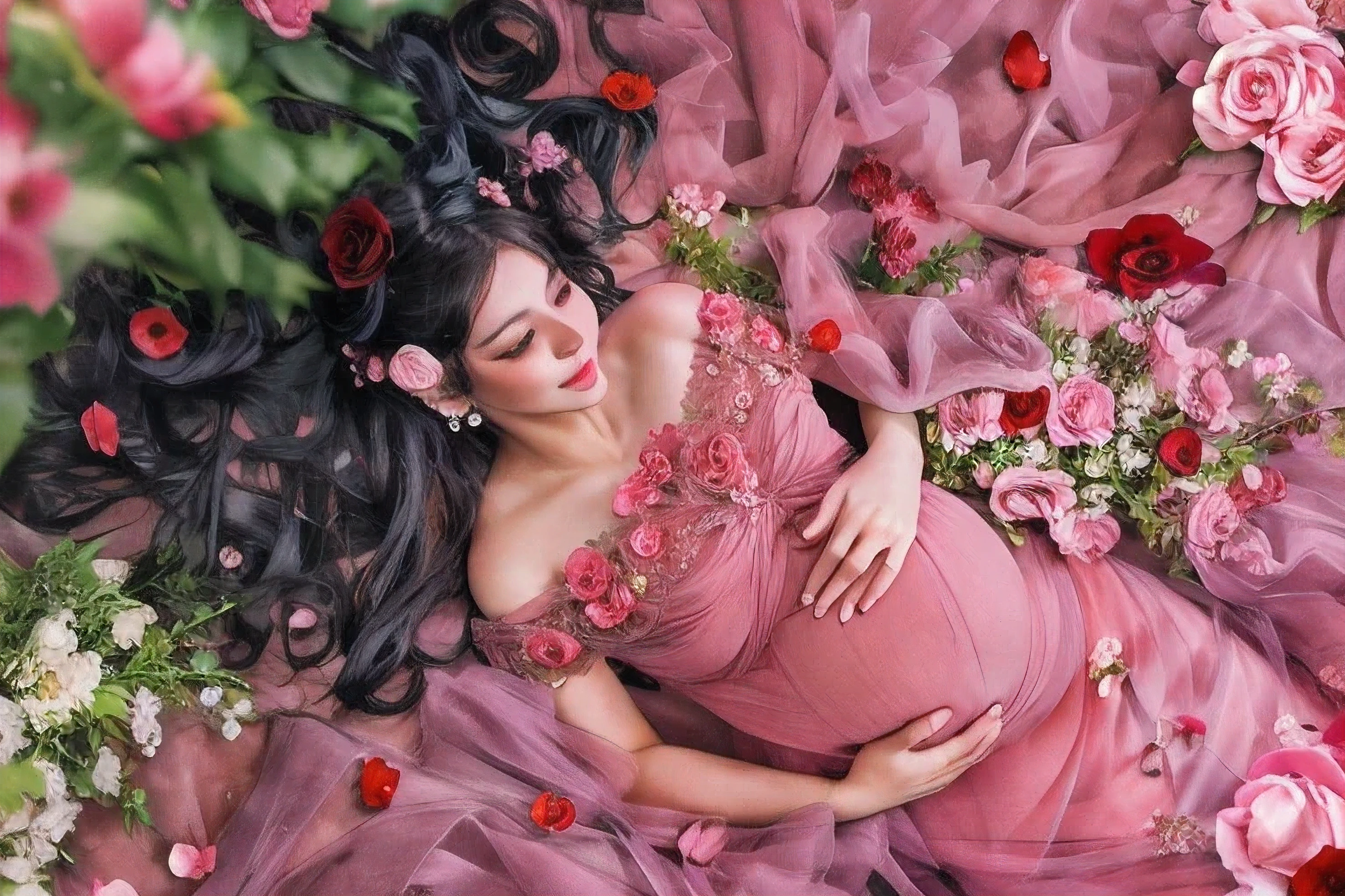 pregnant woman in pink dress laying on pink tulle with flowers, maternal photography 4 k, laying on roses, wrapped in flowers, covered with flowers, pregnant belly, thick dust and red tones, wearing pink floral gown, * colour splash *, draped in velvet and flowers, maternity feeling, pregnancy, dressed in a pink dress, stunning photoshot, portrait shot