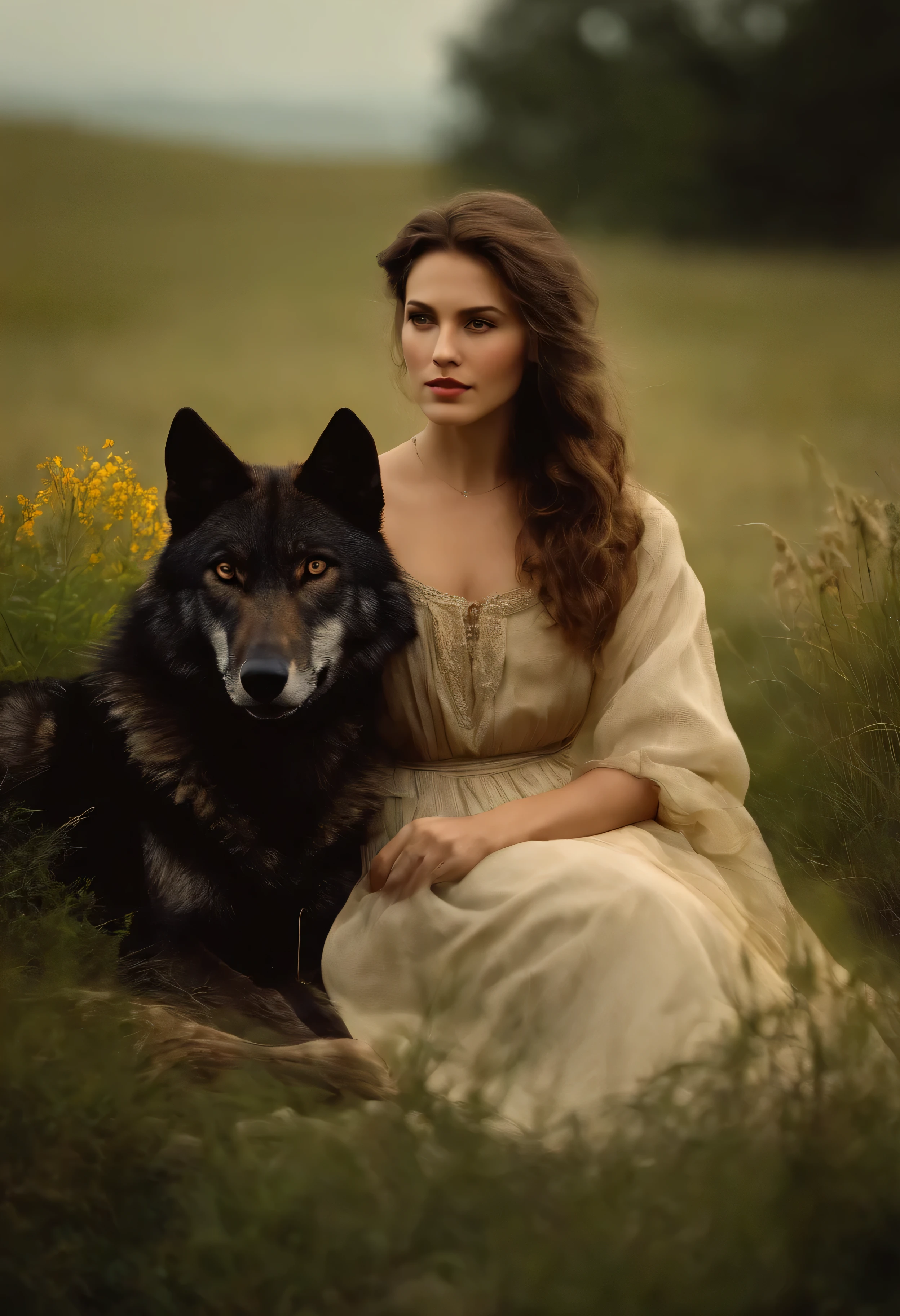 Masterpiece, realistic photography, outdoor, arafed man sitting in a field with a wolf, wolf companion, tenderness, wolfman,wolves and their treasures, her friend the wolf,