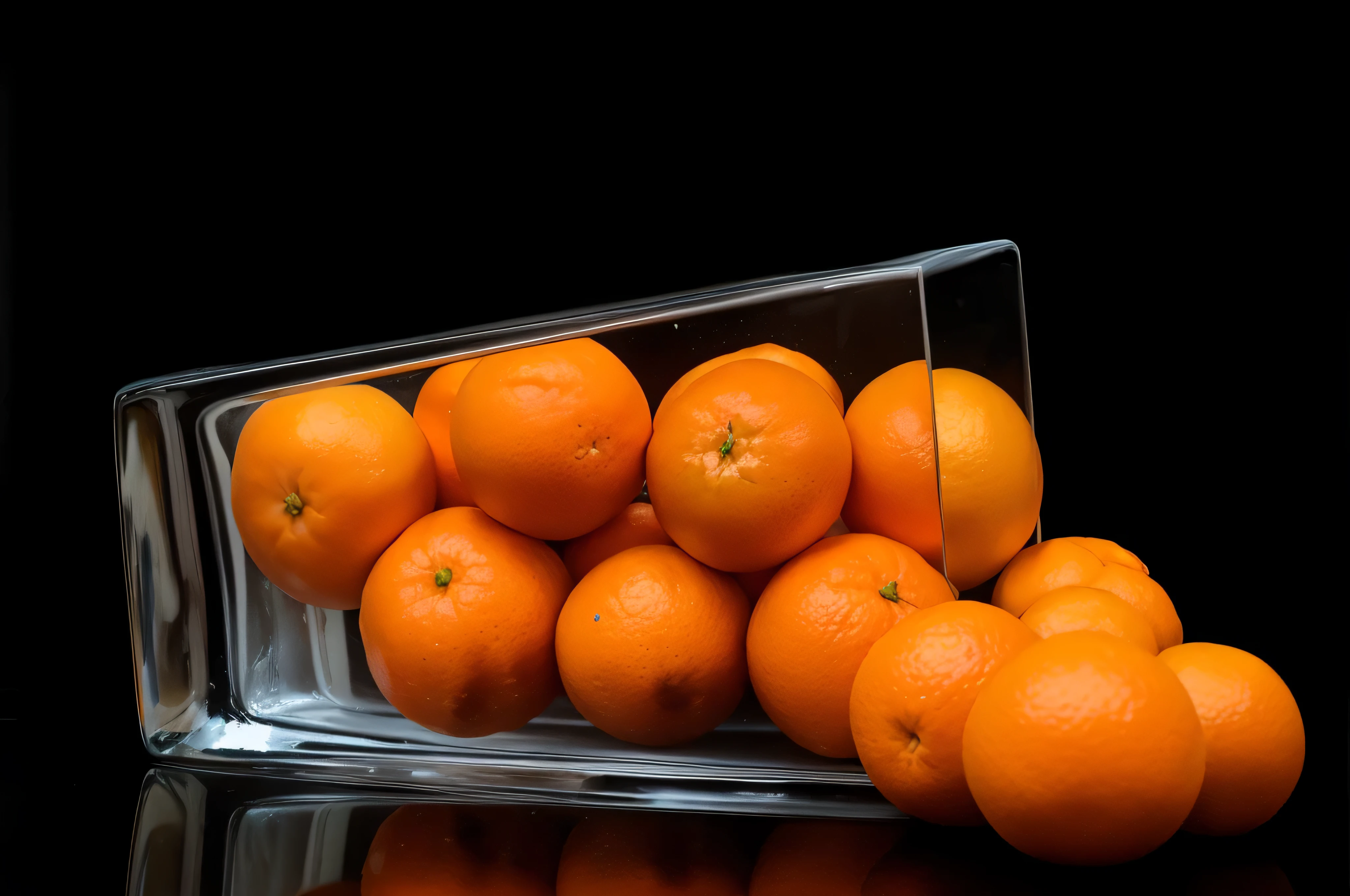 there are many oranges in a clear glass bowl on a table, tilt and orange, professional fruit photography, orange extremely coherent, oranges floating in the water, commercial product photography, oranges, against a deep black background, hyperrealism”, by Richard Carline, crisp and clear, peeled oranges, orange and orange slices, hyper realistic”, hyper realistic ”, dramatic product photography