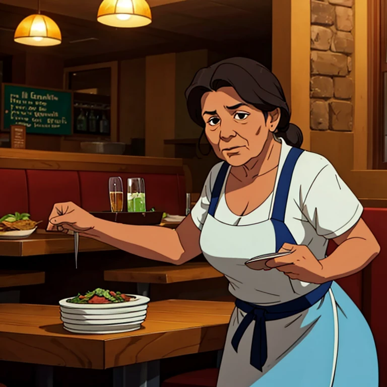 Elderly Mexican woman, waitress, works in a restaurant.