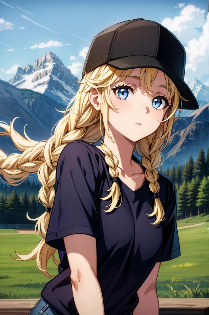 a very beautiful girls pose with baseball cap on in front of mountains and sky, 1girl, solo, long hair, blue eyes, hat, blonde hair, braid, baseball cap, looking at viewer, black headwear, short sleeves, shirt, upper body