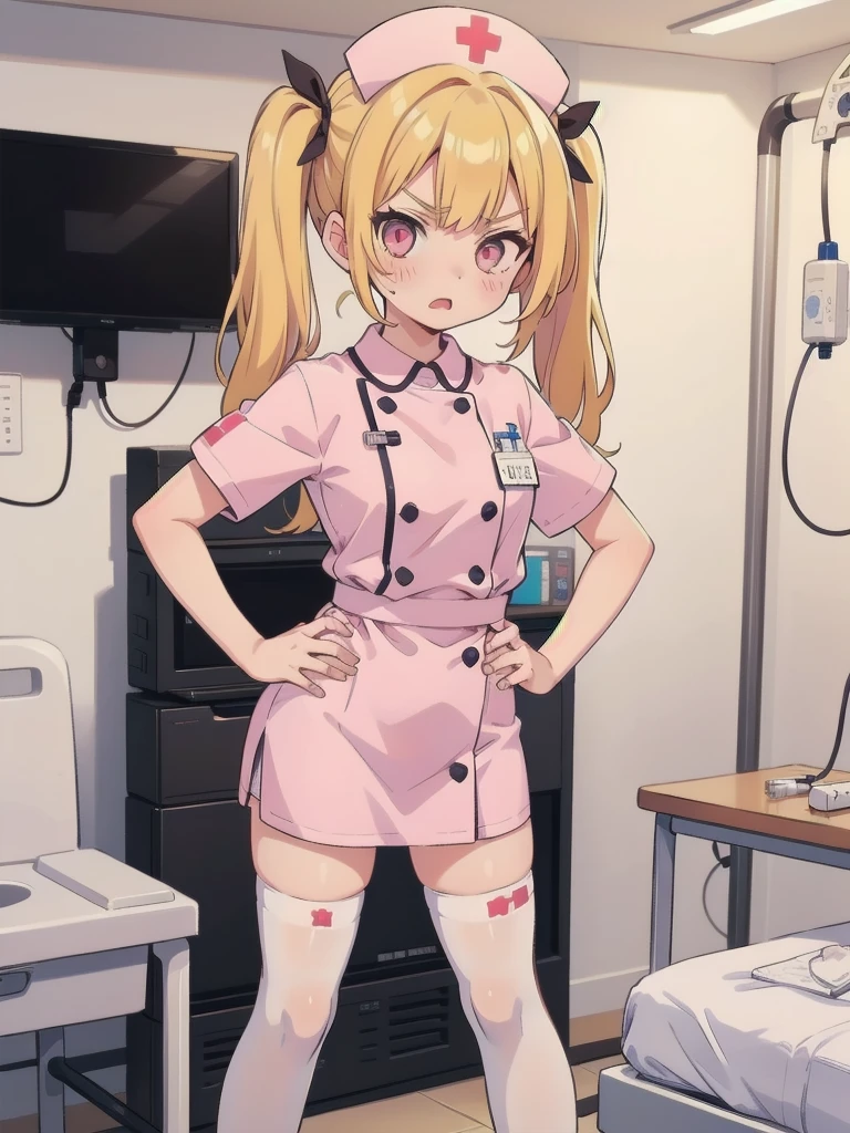 1 girl, alone, nurse, nurse cap, white clothes, ((white legwear, zettai ryouiki)), bare hands, twin tails, yellow hair, pink eyes, anger, put both hands on hips, Are standing, ((hospital room)), sharp outline, short sleeve, highest quality, masterpiece,syringe