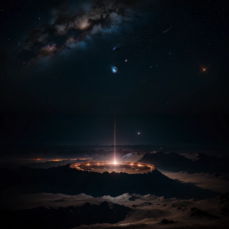 A vast cosmic landscape, with stars, planets and nebulae forming in a dark sky, while a newly created Earth emerges in the foreground