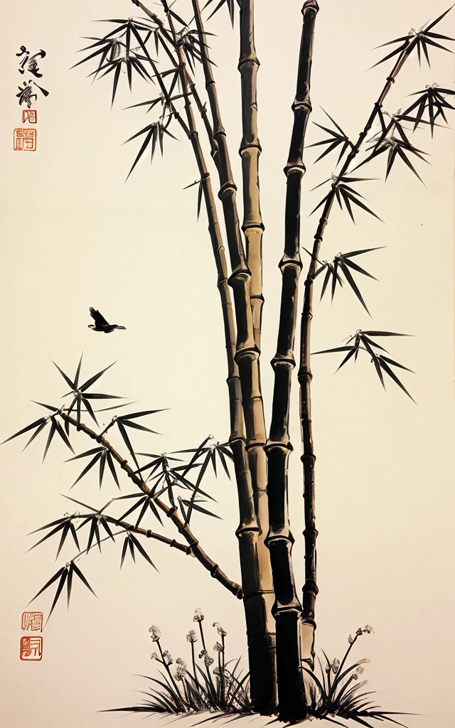 shukezouma, shuimobysim, ((starling)), willow branches, (masterpiece, best quality: 1.2), ((Traditional Chinese ink painting)), model style, bamboo branches, bamboo, wuchangshuo, red, orange, black, fire, starling, bird