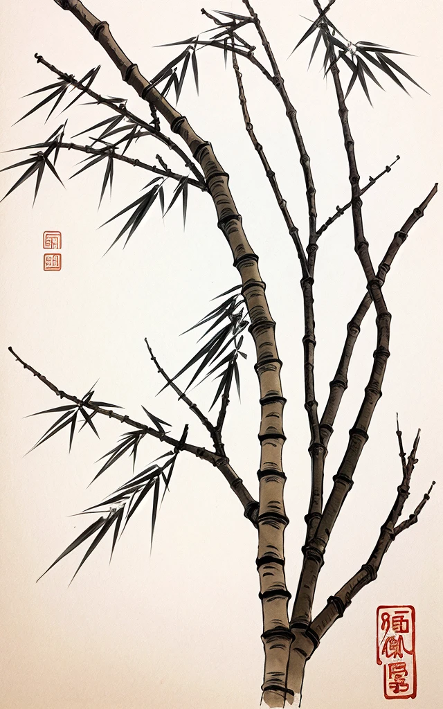 shukezouma, shuimobysim, ((starling)), willow branches, (masterpiece, best quality: 1.2), ((Traditional Chinese ink painting)), model style, bamboo branches, bamboo, wuchangshuo, red, orange, black, fire, starling, bird