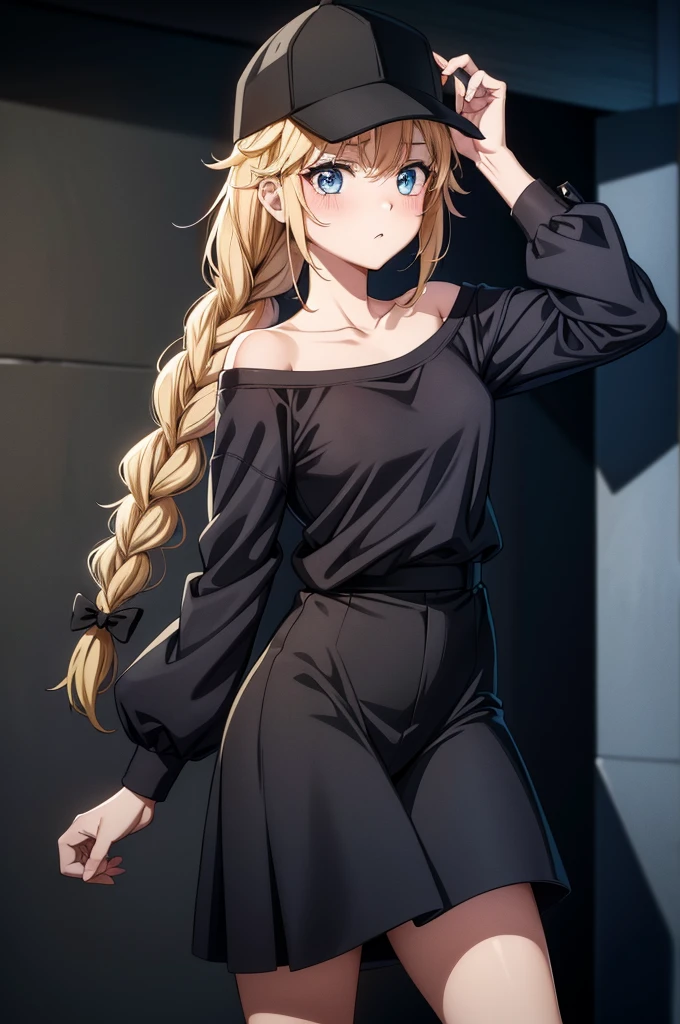 a character in a black shirt holding a hat on his head while posing, 1girl, solo, hat, blonde hair, braid, blue eyes, long hair, twin braids, baseball cap, black headwear, collarbone, blush, bow, bangs