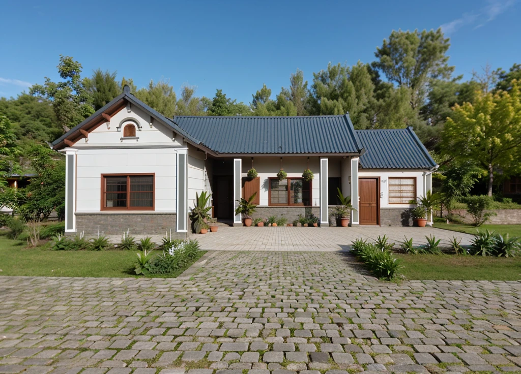 house in VietNam, exterior, roof tiles, door, window, plant around the building, plant front of the building,