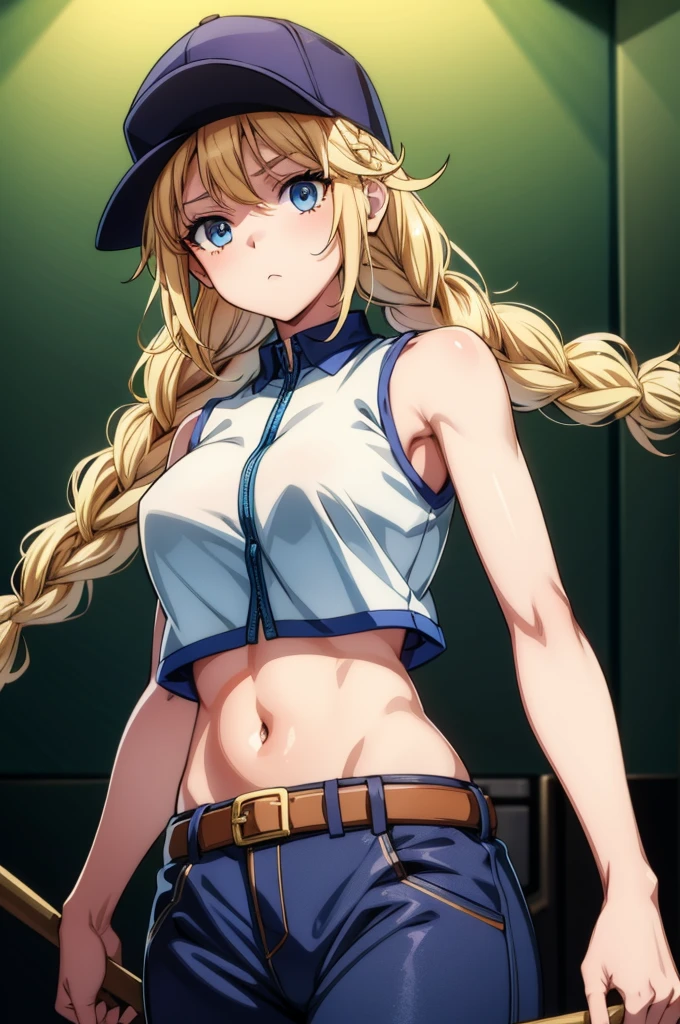 a female character with long blonde hair and baseball jersey holds bat upright over her left shoulder, 1girl, solo, blonde hair, long hair, blue eyes, armpits, navel, hat, baseball cap, braid, breasts, looking at viewer, midriff, belt, twin braids, sleeveless, crop top,Eiko Tsukimi, blue eyes, braid, twin braids, blonde hair, semi long hair
