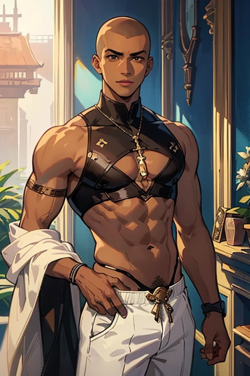 (masterpiece, best illustration, extreme light and shadow), a beautiful man, ((Brown Skin )) , Shaved head , Crop Top , Brown eyes , full lips , Clothing in the style of Honkai Star Rail ,effeminate ,