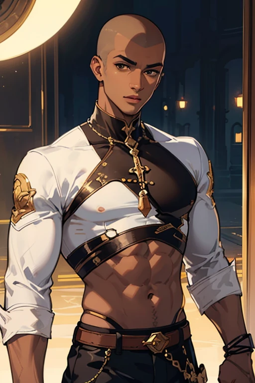 (masterpiece, best illustration, extreme light and shadow), a beautiful man, ((Brown Skin )) , Shaved head , Crop Top , Brown eyes , full lips , Clothing in the style of Honkai Star Rail  ,effeminate ,