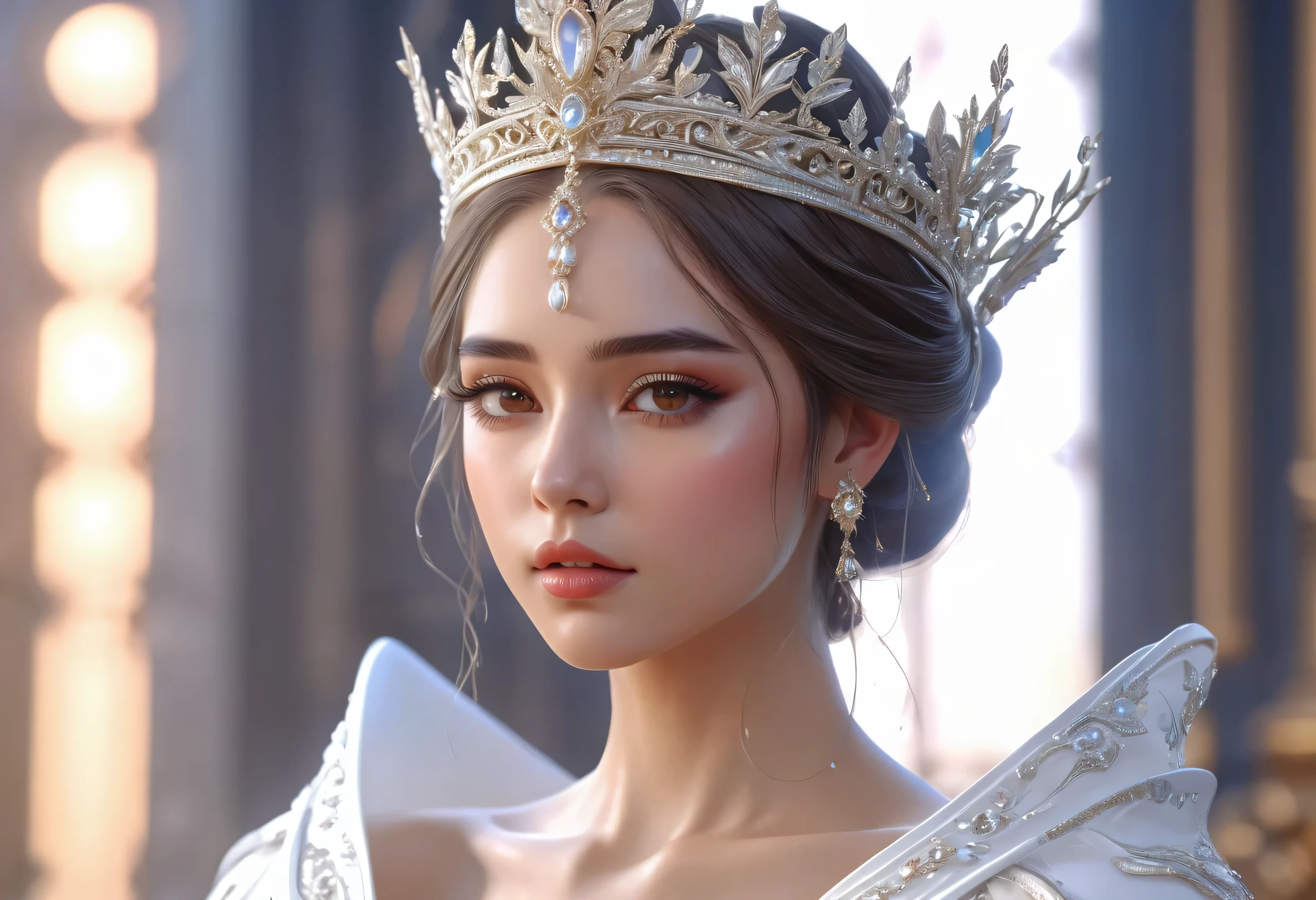 There is a woman in a white dress with a crown on her head, a beautiful fantasy queen, ((beautiful fantasy queen)), a portrait of a princess, a work of art in the Guvez style. 5D CGI anime fantasy artwork, 8K high quality detail art