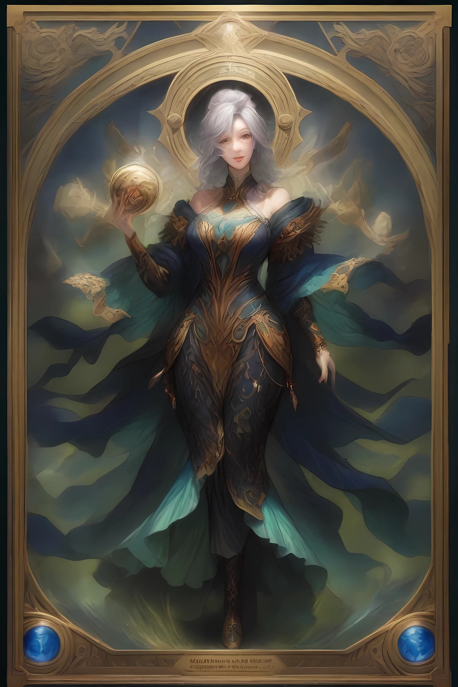 masterpiece, best quality, very aesthetic, absurdres, mature female, award winning illustration of the magician, extremely detailed, highly detailed portrait, full body shot, Tarot Card Style