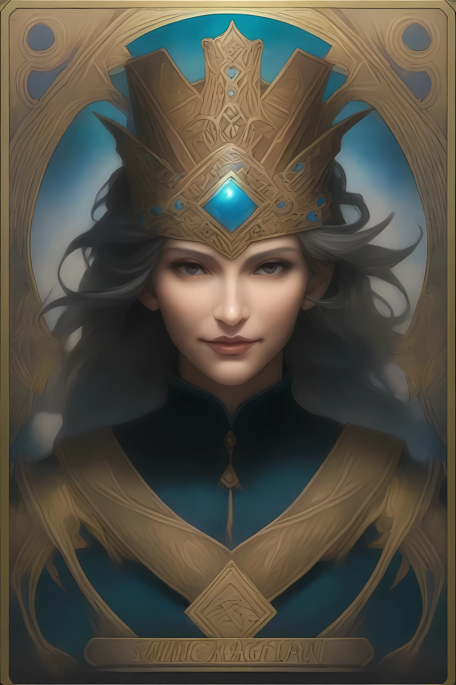 masterpiece, best quality, very aesthetic, absurdres, mature female, award winning illustration of the magician, extremely detailed, highly detailed portrait, full body shot, Tarot Card Style