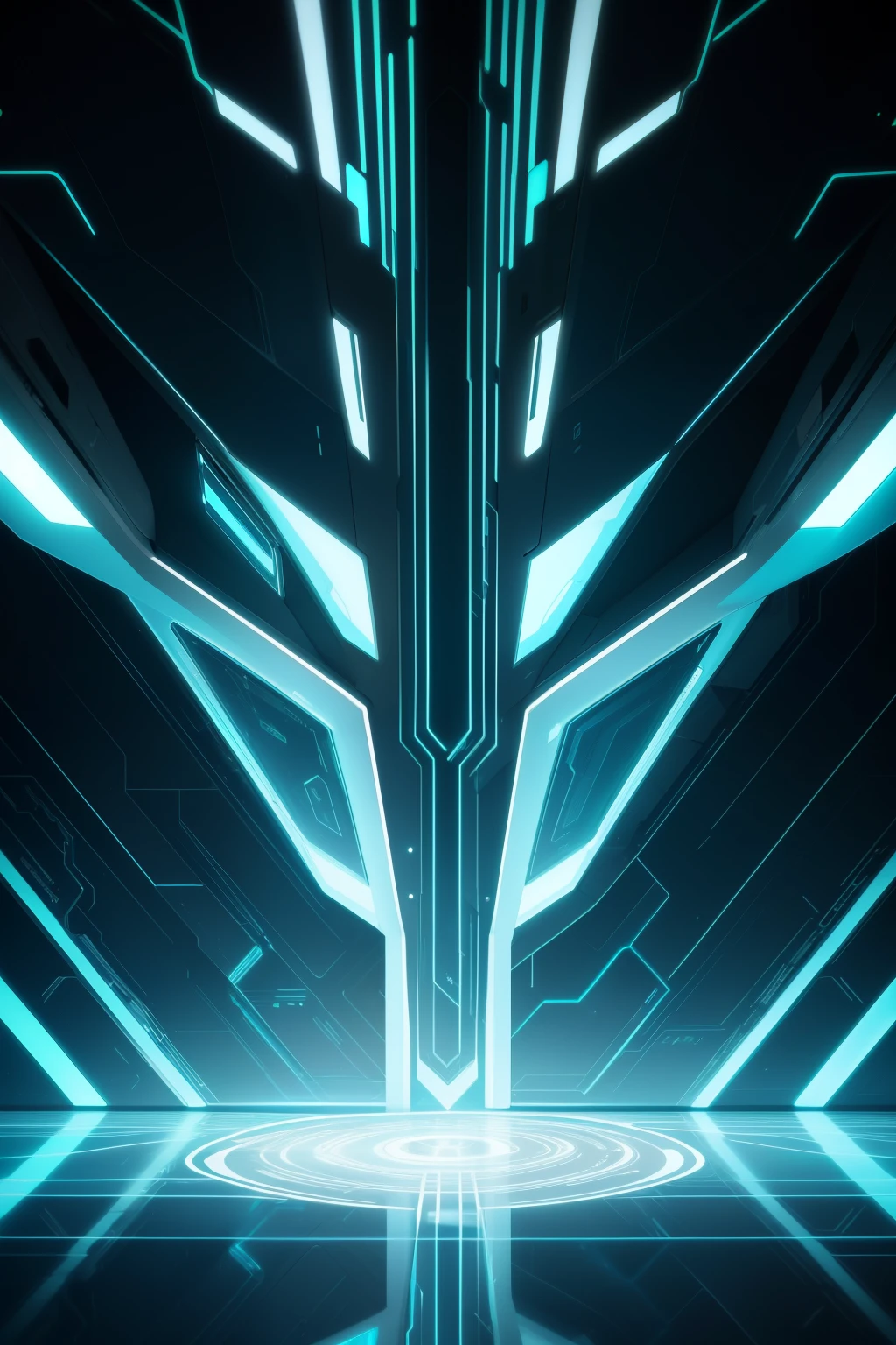 An isometric perspective unveils a technological encasement suspended in the boundless expanse of cyberspace. The floor beneath showcases hexagonal panels of polished steel, radiating alive with vibrant neon blue patterns that mimic the pulsating rhythms of organic life. Crystalline structures and platforms ascend naturally from the peripheries, emitting an opalescent, luminous pearly radiation. White-beamed coded data flows through translucent tubes, threading intricately through the space. Holographic interfaces, stylishly minimalist, blend mid-air, casting brilliant cores onto metallic surfaces. Cybernetic flora, enlivened