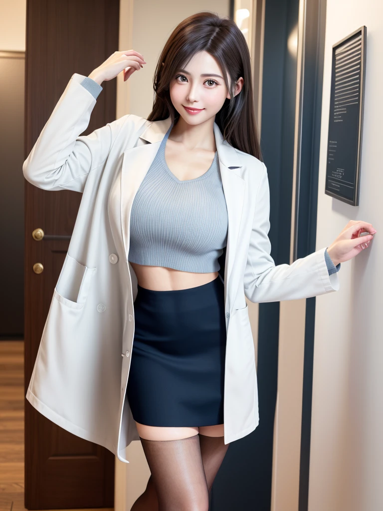 ((​masterpiece))、((top-quality))、a picture、Realisticity、high-level image quality、ultra-detailliert、40&#39;Nurse、（Plump body）、Delicate facial features、short-cut、Realistic backgrounds and accessories、Sexy smile、A seductive gaze、large full breasts、Dark examination room、wearing a lab coat、Under the white coat is a T-shirt、Tight mini skirt、natta、