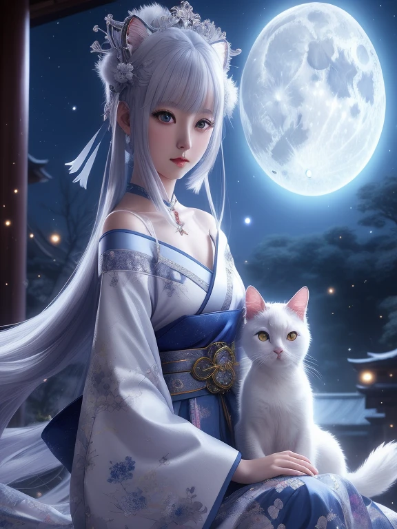 Anime girl with white cat in full moon moonlight scene, trending on cgstation, Gweiz, artwork in the style of Gweiz, white cat girl, very beautiful anime cat girl, moon themed costume, palace ， girl in hanfu, beautiful anime cat girl, 8K high quality detailed art, japanese goddess, Written by Ren May, fantasy art style