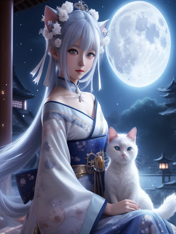 Anime girl with white cat in full moon moonlight scene, trending on cgstation, Gweiz, artwork in the style of Gweiz, white cat girl, very beautiful anime cat girl, moon themed costume, palace , girl in hanfu, beautiful anime cat girl, 8K high quality detailed art, japanese goddess, Written by Ren May, fantasy art style