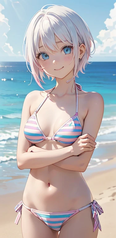 Realistic、1girl、(happy　smile：1.3),(cute face:1.5),(tareme:1.3),(white hair pink hair hair gradient hair:1.3),(blue eyes)、(crossed arms)、(kind eyes:1.3)、(stand),(short hair),( portrait:1.3,face focus:1.3,cowboy shot),(white striped bikini:1.3)、(small breasts),(midsummer beach:1.3)、hairpin
