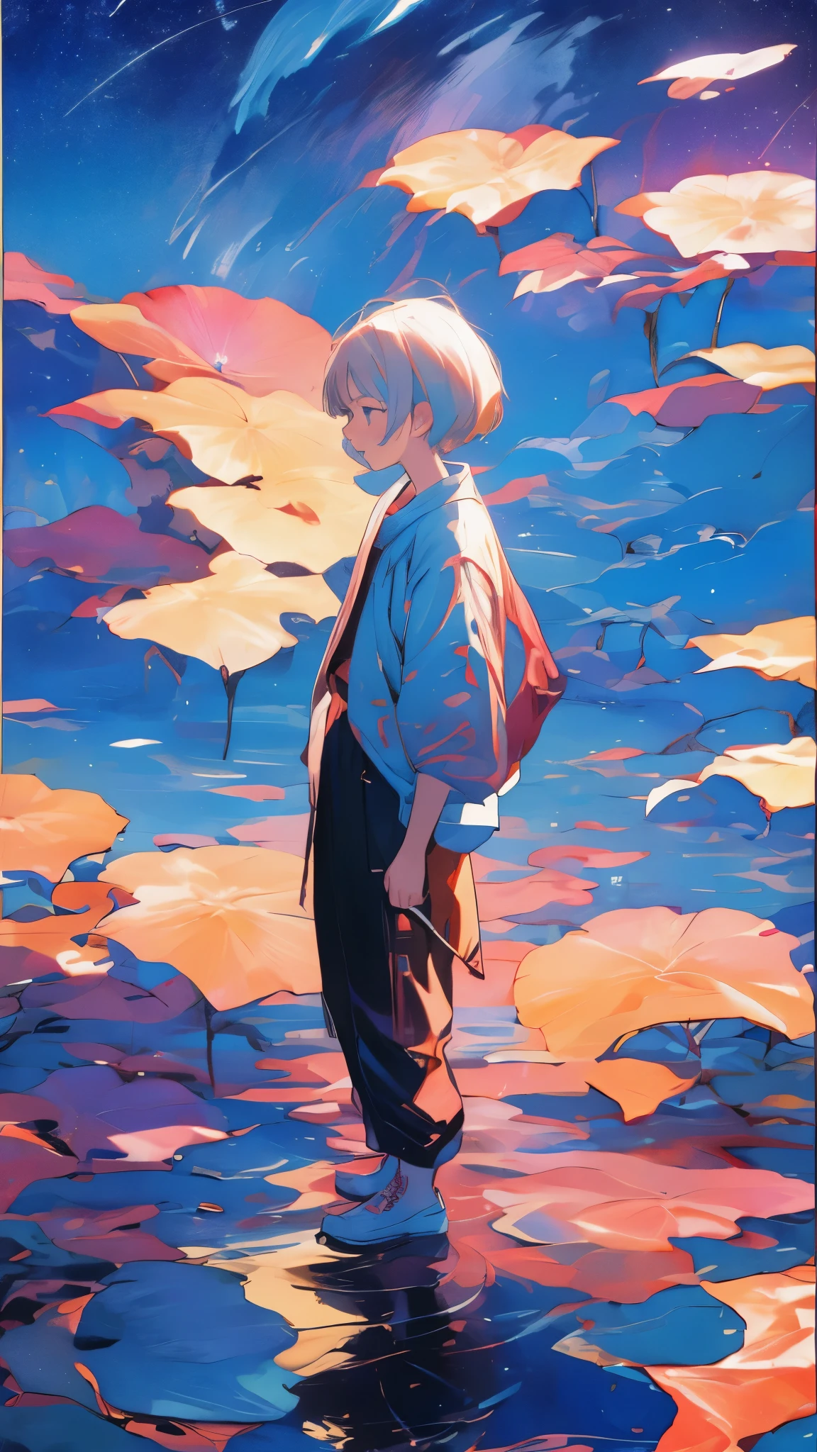 Linoleum cut of a teenager standing on reflective water under the stars,meteor,Energetic,Colorful,texture,pattern