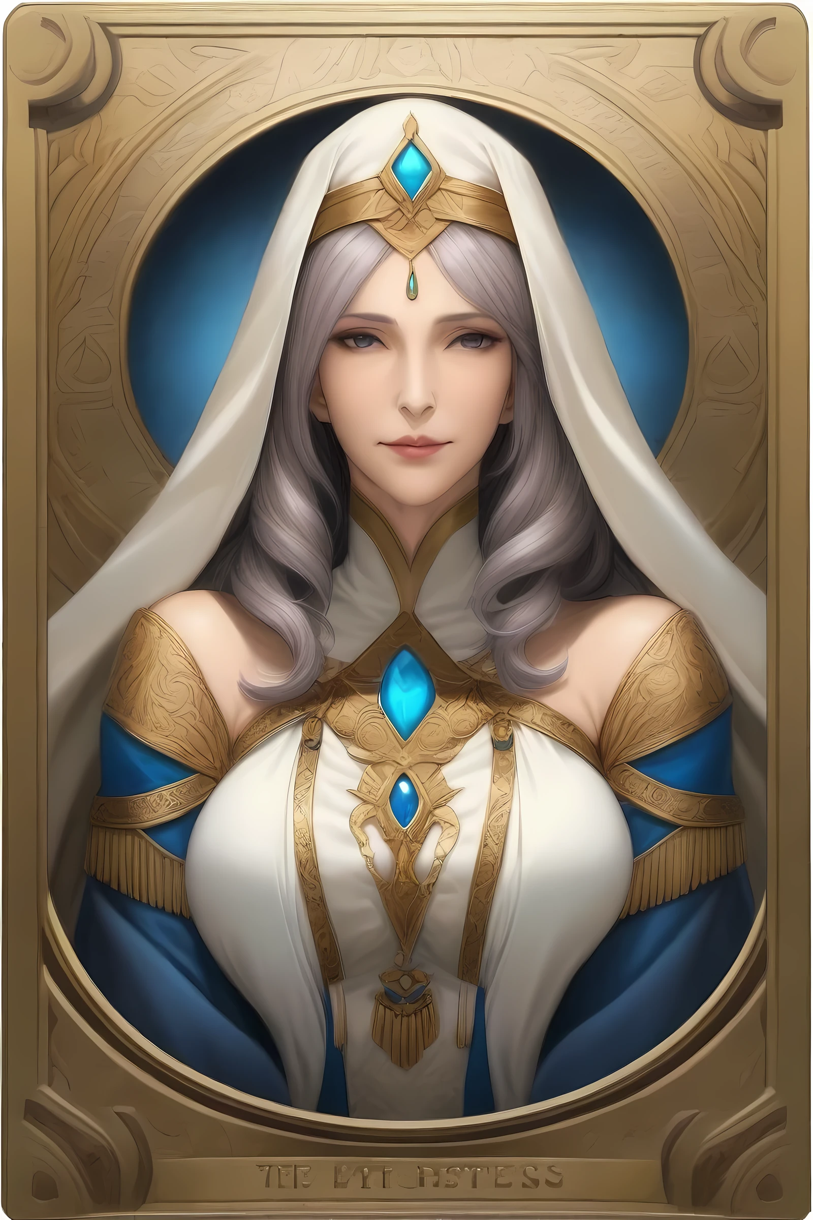 masterpiece, best quality, very aesthetic, absurdres, mature female, award winning illustration of the high priestess, extremely detailed, highly detailed portrait, full body shot, Tarot Card Style