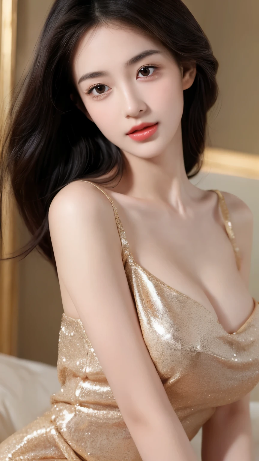 (lifelike,High resolution:1.3), A slim girl, The face shape and eyes are super delicate,black hair,The lips are rosy and shiny,(pretty face), (best quality), (super detailed), (Extremely detailed CG unified 8K wallpaper),Full body photography,gold dress,(model photos),big eyes,(eternal),Eyes look at the audience,super huge breasts,Soft breasts,Very real breasts,puff out your chest,character-centered,