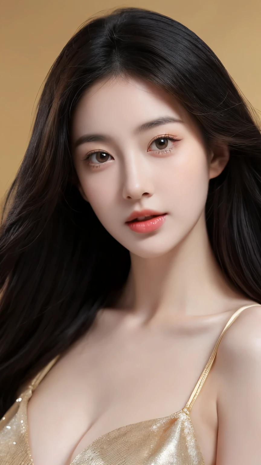 （lifelike,High resolution：1.3）， A slim girl， The face shape and eyes are super delicate,black hair,The lips are rosy and shiny,(pretty face), (best quality), (super detailed), (Extremely detailed CG unified 8K wallpaper),Full body photography，gold dress,(model photos),big eyes,(eternal)，Eyes look at the audience,super huge breasts，Soft breasts,Very real breasts,puff out your chest,character-centered,