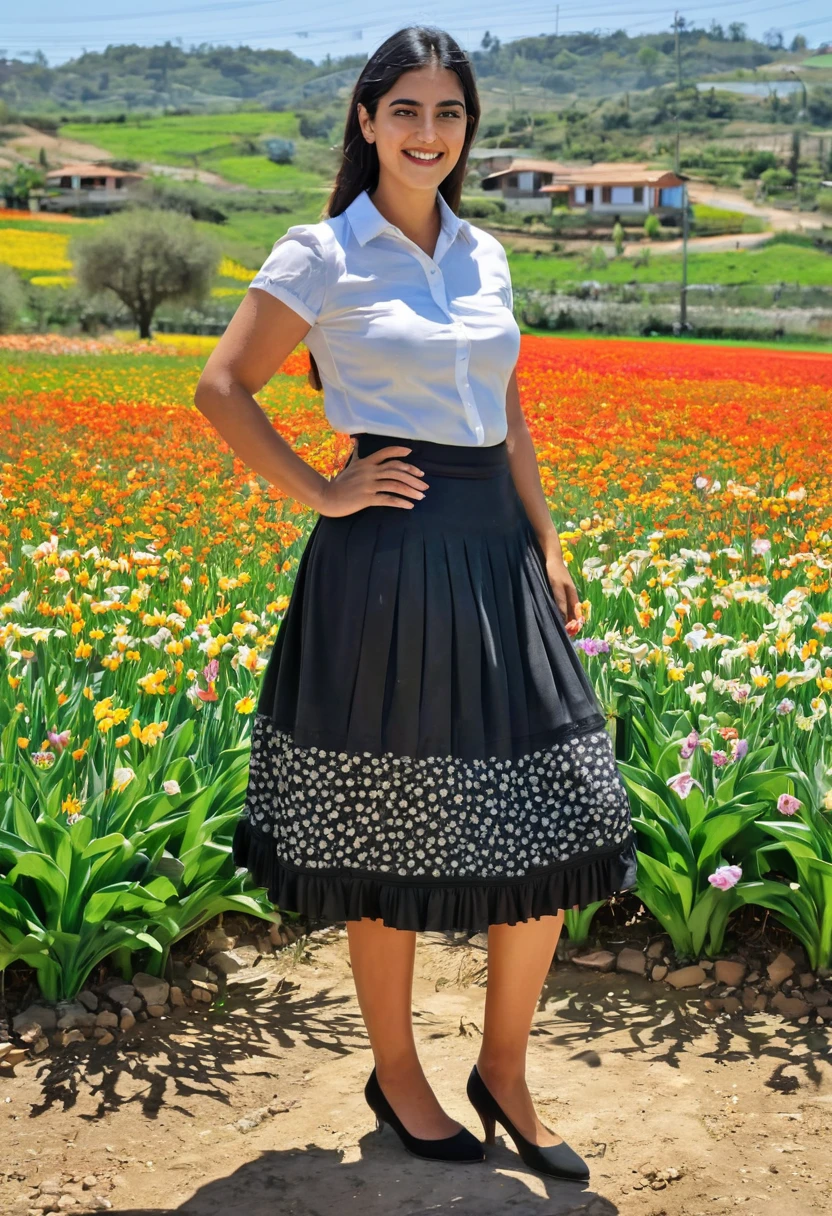 (obra maestra), (Mejor calidad), (muy detallado),pantimedias negras, falda, orejas,de pie, campo de flores,