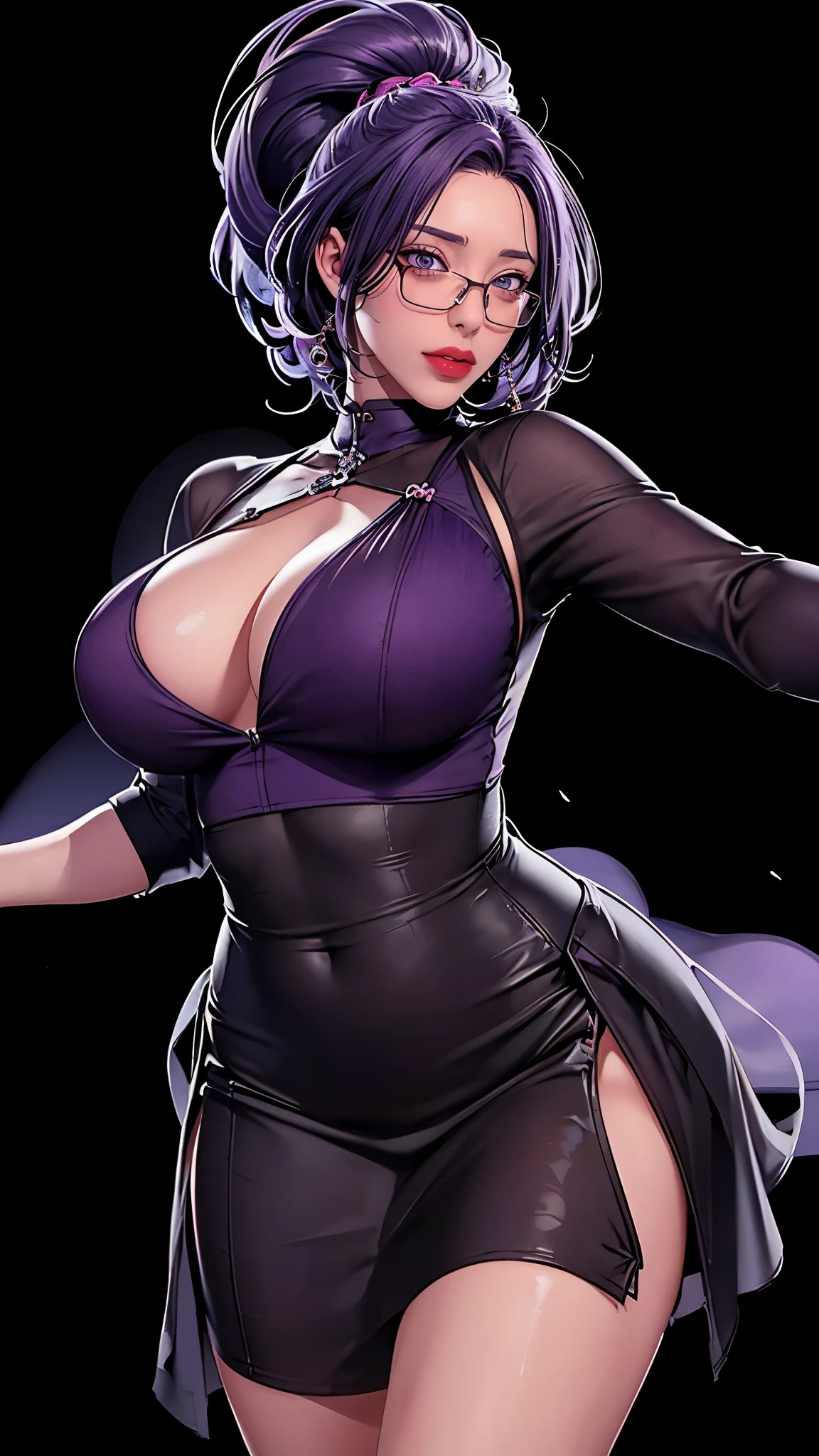 （（（完美figure，figure，suit， gray shirt，hip-covering skirt（（（JMT,Glasses,purple hair,short hair,purple eyes,MiJungdef，purple eyes，purple hair，medium hair，）））型figure:1.7））），((masterpiece)),high resolution, ((Best quality at best))，masterpiece，quality，Best quality，（（（ Exquisite facial features，looking at the audience,There is light in the eyes，Happy，***********nterlacing of light and shadow，huge boobs））），（（（looking into camera，black background，Exaggerated perspective , ultra wide shot,
blurry hand foreground)）））