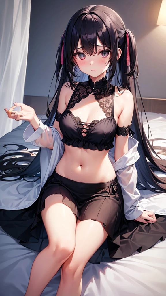 ((highest quality)), (master piece), best illustrations, (8k), (((two young girls))), Medium chest, You can see a little cleavage, Less exposure, ((Stinking eyes)), (((I'm very embarrassed))), [[inviting eyes]], ((Naughty eyes)), ((upward glance)), on the bed, Sweat is coming out of the body, blushing, steam, on the bedで寝ている, clothes are transparent