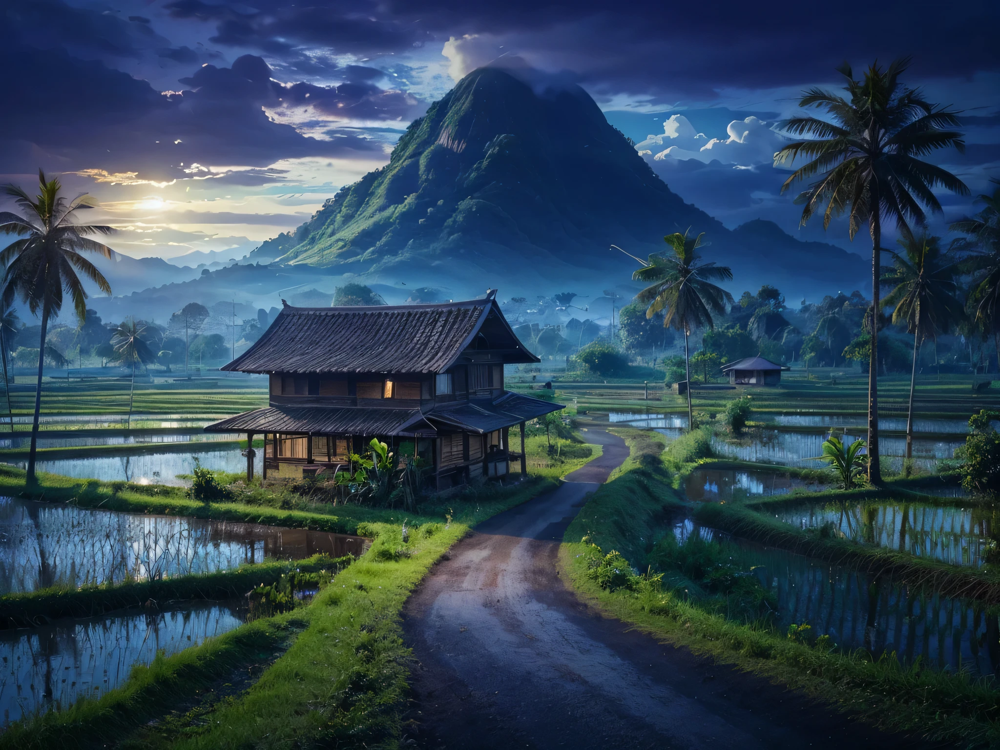 Ciptakan sebuah halusinasi yang nyata, sebuah sungai kecil penampungan air sawah yang jebol sehingga menjadi air terjun kecil, di samping gubuk di samping jalan sawah, background dari dekat dan jernih tersorot cahaya malam yang jernih.