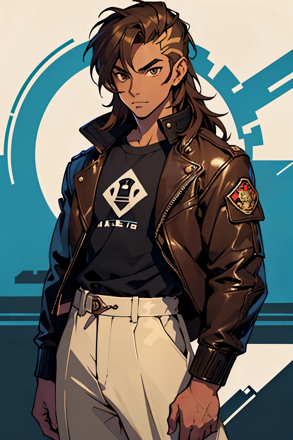 "Design a pixel art character named Miliobiro, depicting a young boy with long brown hair, brown eyes, and a medium-brown skin tone. He should be wearing a leather jacket adorned with the anarchist symbol. The character should be portrayed in a pixel art style, with attention to detail in the hair, eye color, skin tone, and jacket design. Consider adding distinctive features or accessories to enhance the character's personality. Write a brief description of Miliobiro's background or personality to accompany the artwork."