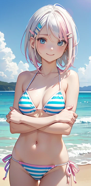 Realistic、1girl、(happy smile:1.3),(cute face:1.5),(tareme:1.3),(white hair pink hair hair gradient hair:1.3),(blue eyes)、(crossed arms)、(kind eyes:1.3)、(stand),(short hair),( portrait:1.3,face focus:1.3,cowboy shot),(white striped bikini:1.3)、(small breasts),(midsummer beach:1.3)、(hairpin:1.5)