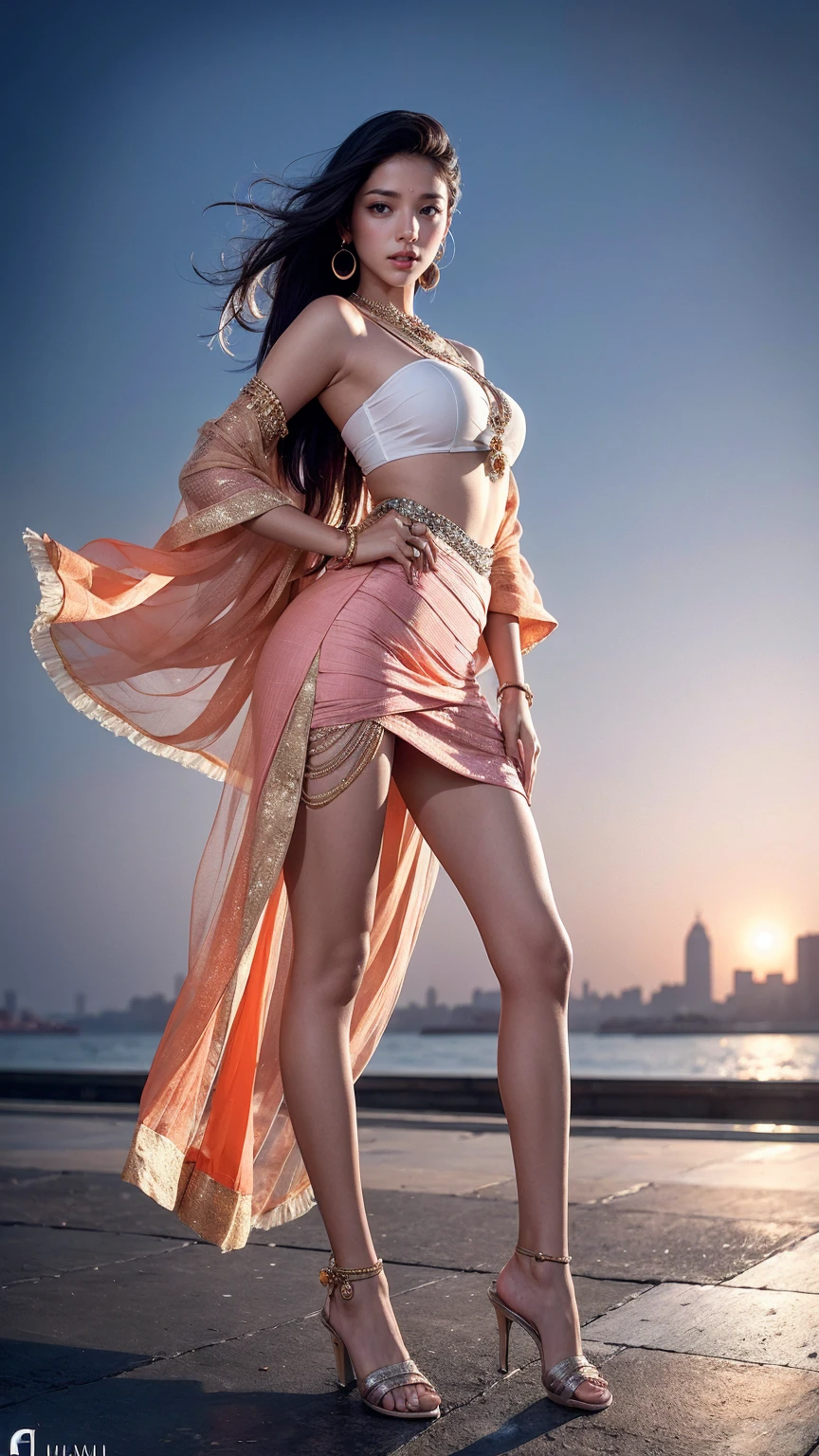 Amidst the bustling vibes of Mumbai's Gateway of India, a fashion extravaganza unfolds under the play of cinematic light and the lens of a seasoned photographer. Picture a model confidently showcasing a unique ensemble that seamlessly blends Western and Indian elements.
The upper dress steals attention with a chic mini-jacket in a bold, checkered pattern, paired with an offbeat lace panty underneath, adding a touch of mystery. The model's pose, reminiscent of a runway walk, exudes confidence against the iconic backdrop of the Gateway.
As the sun sets, casting hues of orange and pink across the Arabian Sea, the lower dress comes to life - a playful floral skirt that twirls with every step, revealing glimpses of a wired panty, creating an unexpected fusion of elegance and allure.
Captured in perfect 8K resolution, the super-realistic images showcase the vibrant clash of cultures in this fashion-forward ensemble. The professional photography elevates the fashion narrative against the historical and contemporary blend of Mumbai's iconic monument, creating an unforgettable visual spectacle.