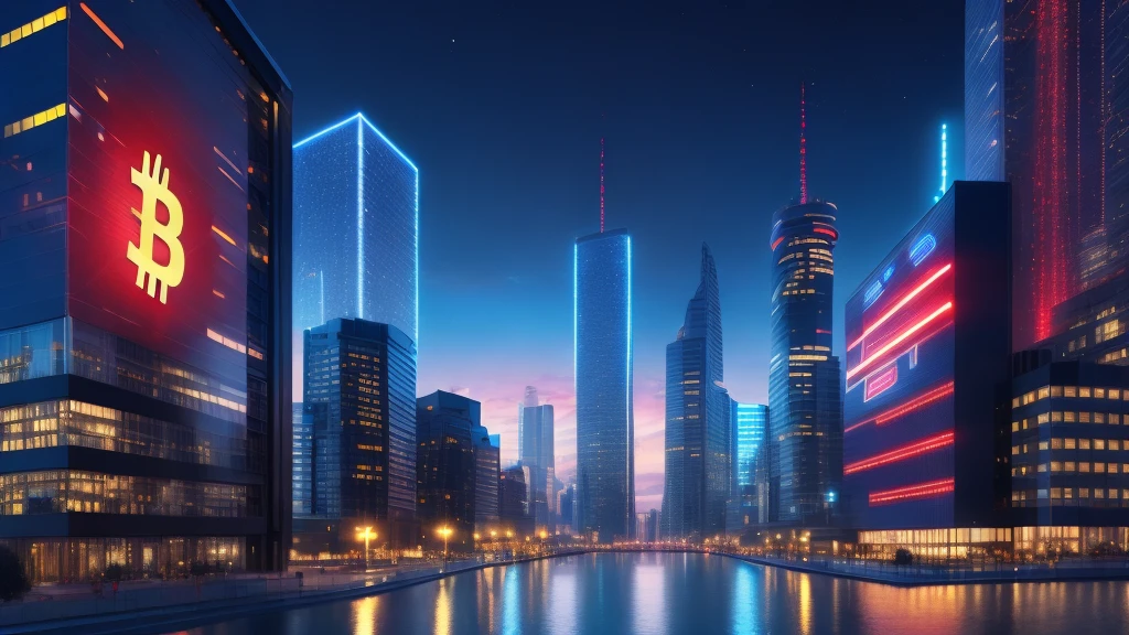City at night full of buildings illuminated with blue and red lights, Futuristic city, Bitcoin City with bitcoin symbols.