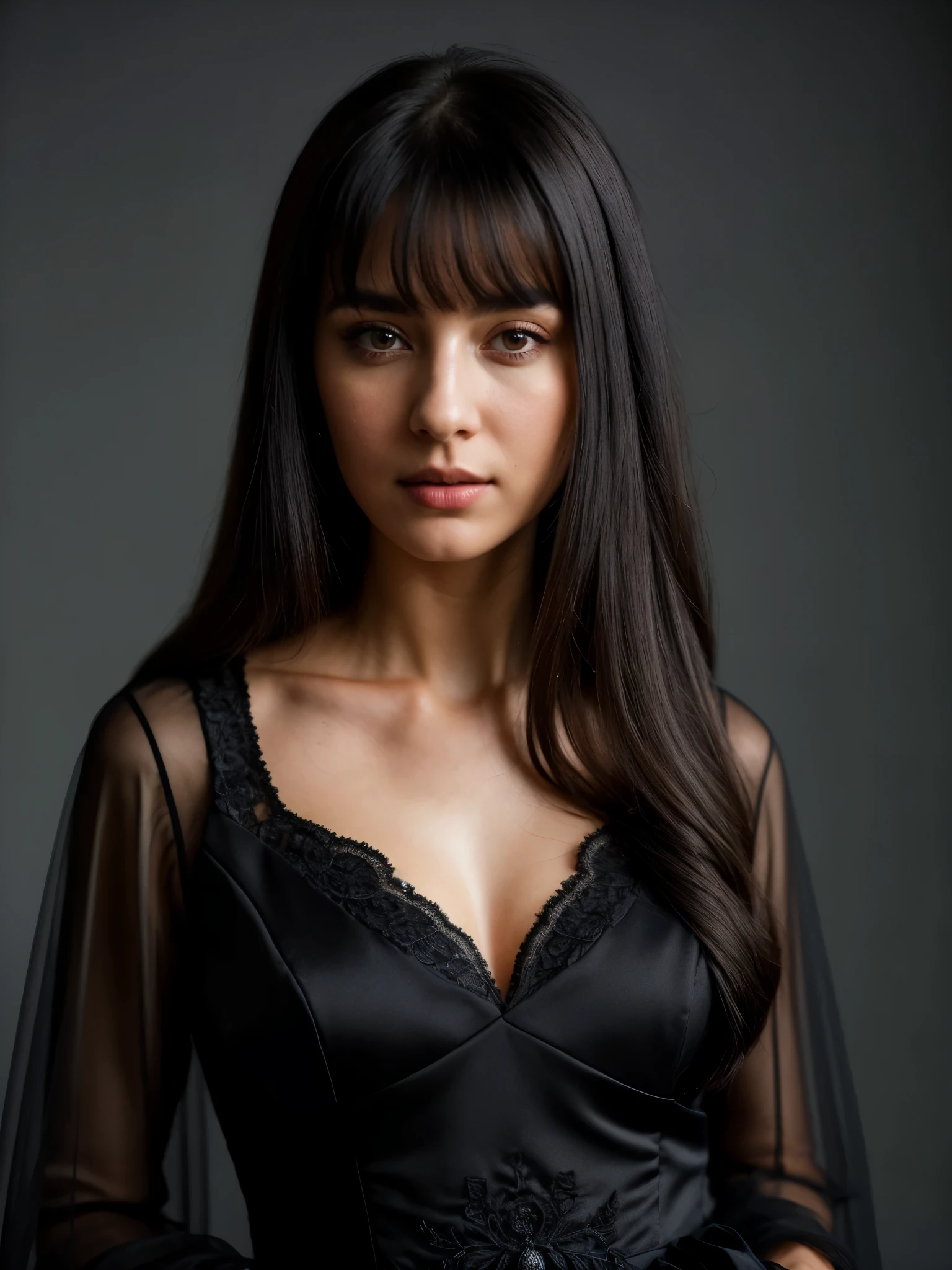 A stunning intricate full color portrait of (sks woman:1), wearing a royal dress in black color, dark gray plain background, epic character composition, by ilya kuvshinov, alessio albi, nina masic, sharp focus, natural lighting, subsurface scattering, f1.8, 35mm, film grain, (((black hair))), side bang, regal pose, official photoshoot, formal pose, elegant, modest