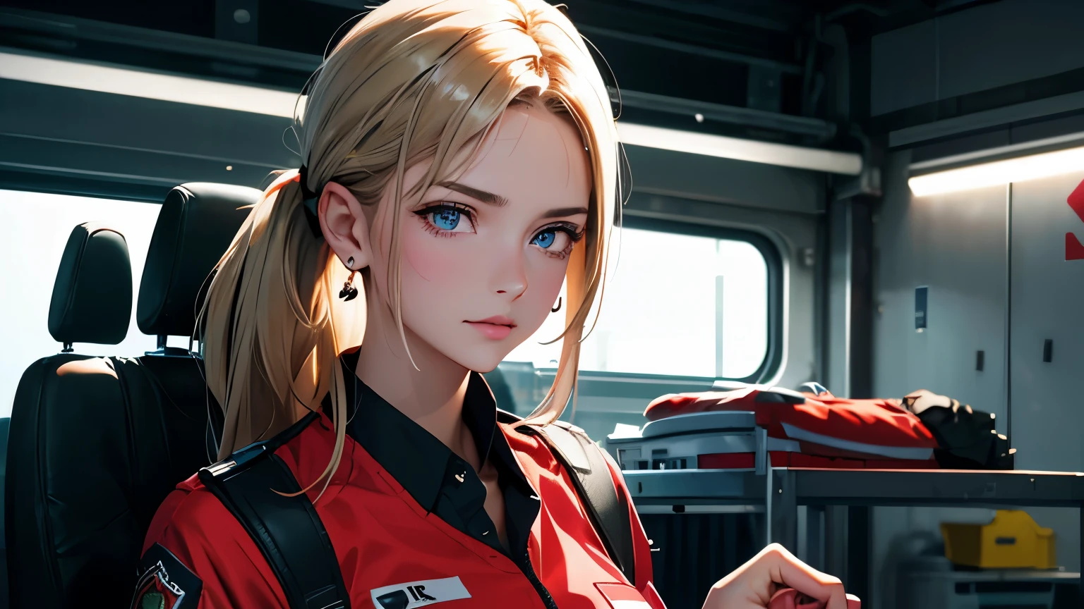 (((UHD, retina, best quality, super detail, highres, 16k))), (((anatomically correct))), SFW, ((A professional female paramedic)), Morning, wearing red((Professional rescue team clothing)), black tactical shoes, alone, mature women, blond, Hair bottom red, Straight hair, bun, lake green eyes, Bright Eyes, Upper eyes, Long eyelashes, thin eyebrows, Beautiful and delicate eyes, Ultra-detailed eyes, Highly realistic eyes, Perfect face, Super detailed facial details, Random expressions, Sweat, medium large breasts, Beautiful collarbone, healthy skin, Textured skin, toned body, (muscle:1.2), (((anatomically correct))), earrings, make up, perfect hands, (Delicate fingers), Beautiful long legs, perfect feet, whole body, movie lighting, Hospital ambulance parking lot in the background, ambulance, First Aid Supplies