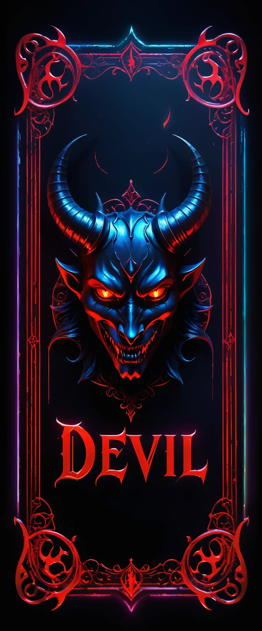 Tarot cards, Lucifier, Gothic style, mysterious with dark neon and holographic colors, bloody red card border, the word DEVIL inscription detailed, 8k