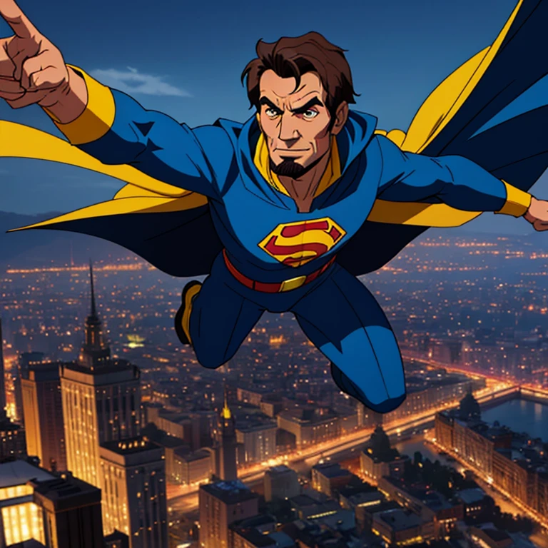 Male superhero, Abraham Lincoln face and facial hair, dark blue and yellow superhero costume, cape, middle age, flying, located in city.
