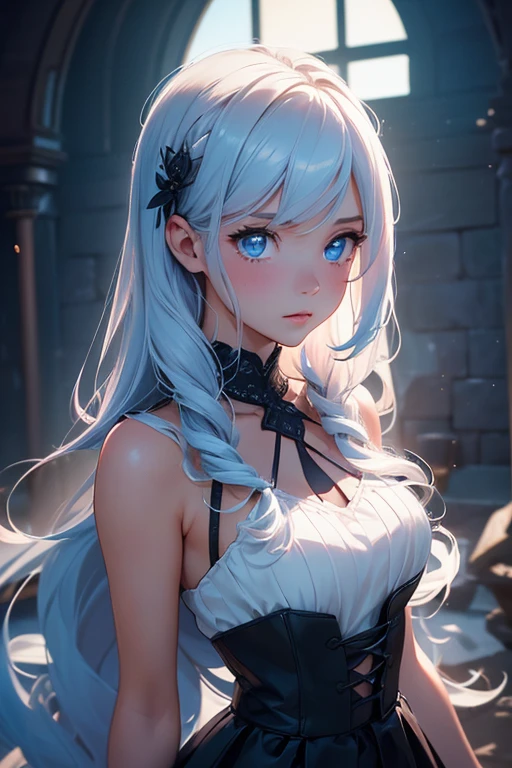 (Obra maestra:1.2), Mejor calidad, (illustration:1.2), (ultra detallado), hiper detalles, (delicado detallado), (detalles intrincados), (cinematic light, Mejor calidad Backlights), Delete line, solista, Cuerpo perfecto, (1 chica), anime girl with blue eyes light hair, gothic dress, (constituir), alto contraste, (mejor iluminacion, un extremadamente creado y hermoso), (cinematic light), vistoso,