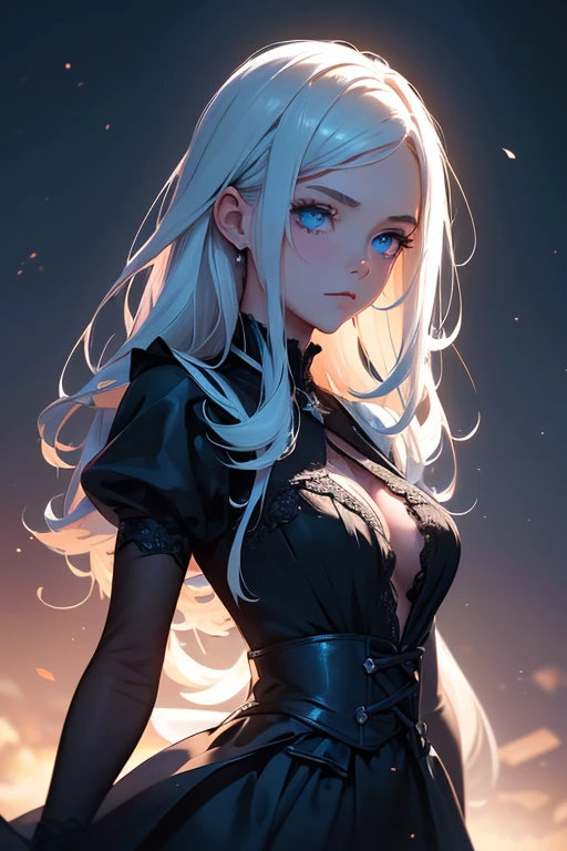 (Obra maestra:1.2), Mejor calidad, (illustration:1.2), (ultra detallado), hiper detalles, (delicado detallado), (detalles intrincados), (cinematic light, Mejor calidad Backlights), Delete line, solista, Cuerpo perfecto, (1 chica), anime girl with blue eyes light hair, gothic dress, (constituir), alto contraste, (mejor iluminacion, un extremadamente creado y hermoso), (cinematic light), vistoso,