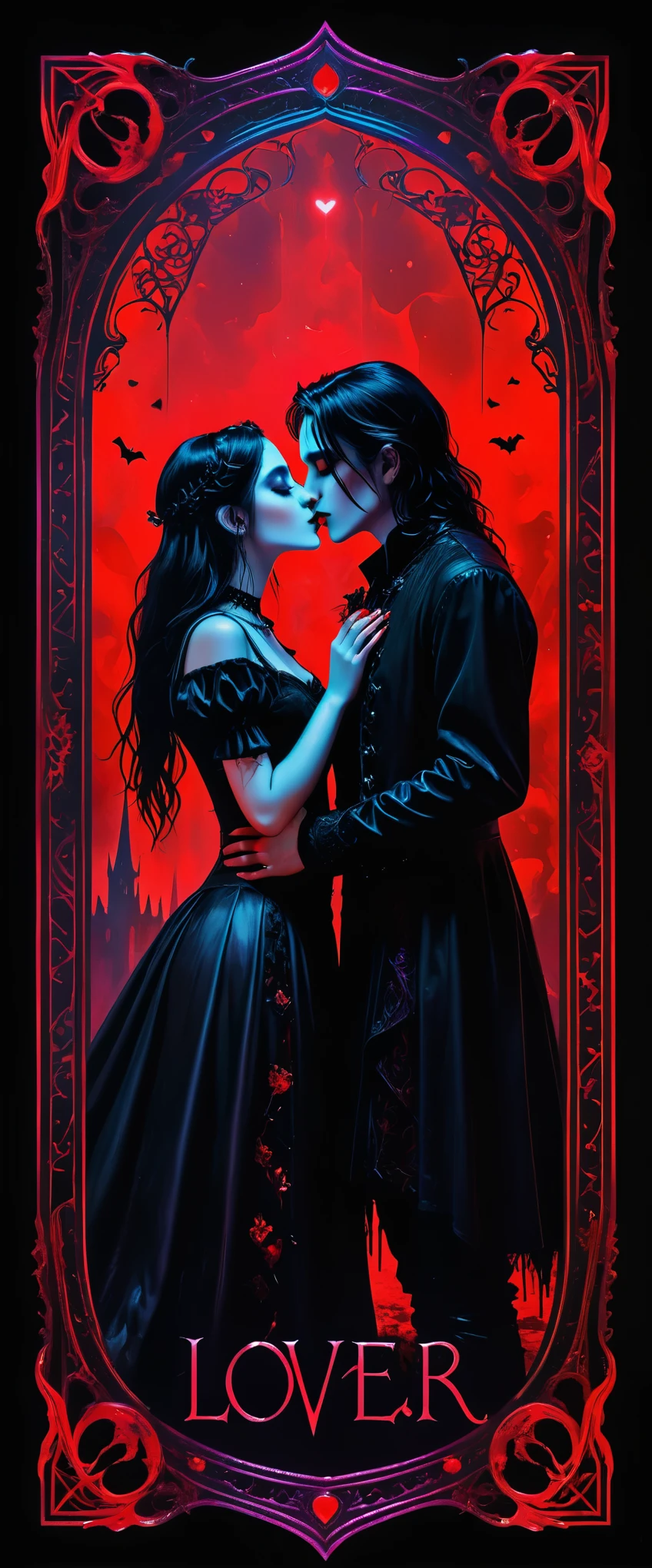 Tarot cards, Couples kissing, Gothic style, mysterious with dark neon and holographic colors, bloody red card border, the word Lovers inscription detailed, 8k