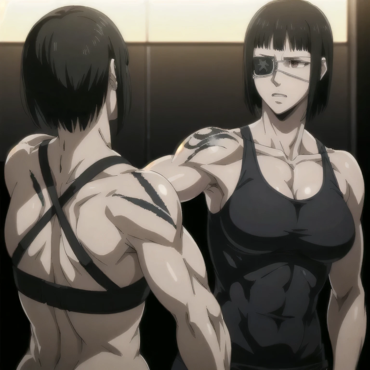 (best quality,ultra-detailed,realistic:1.37), military, muscular girl with sculpted body wearing a blue tank top, beautiful tattoo on girl's shoulder, full review of the female character's face and body, intense expression, strong and confident posture, studio lighting, vivid colors, physiologically-based rendering, grungy texture, rugged background, dust particles in the air, commanding presence, professional, powerful, gritty aesthetics,six-pack,Valmet with her muscles body,eye patch,short hair,help civilian